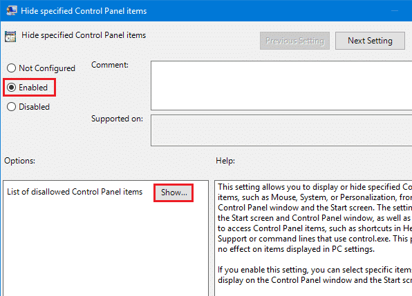 Haga clic en el botón Mostrar junto a la Lista de elementos del Panel de control no permitidos en la categoría Opciones.  Cómo poner la pantalla en blanco y negro en la PC