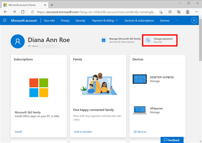 Premi Cambia password per scegliere un'altra password Microsoft