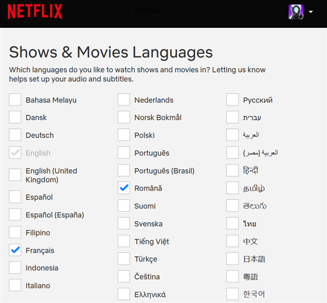 Selecteren van de Netflix-shows &  Filmtalen