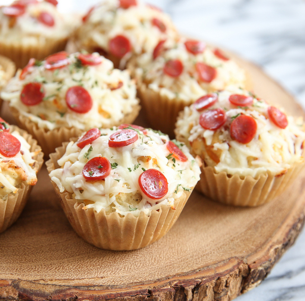 pizza cupcakes on a wooden board