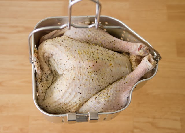 photo of the turkey in a fryer basket