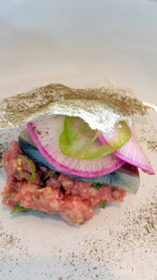 Willow PDX Third Course of Short Rib Tartare with house cured mackerel, daikon, ginger, cilantro with onion ash and rice chip on April 30, 2016