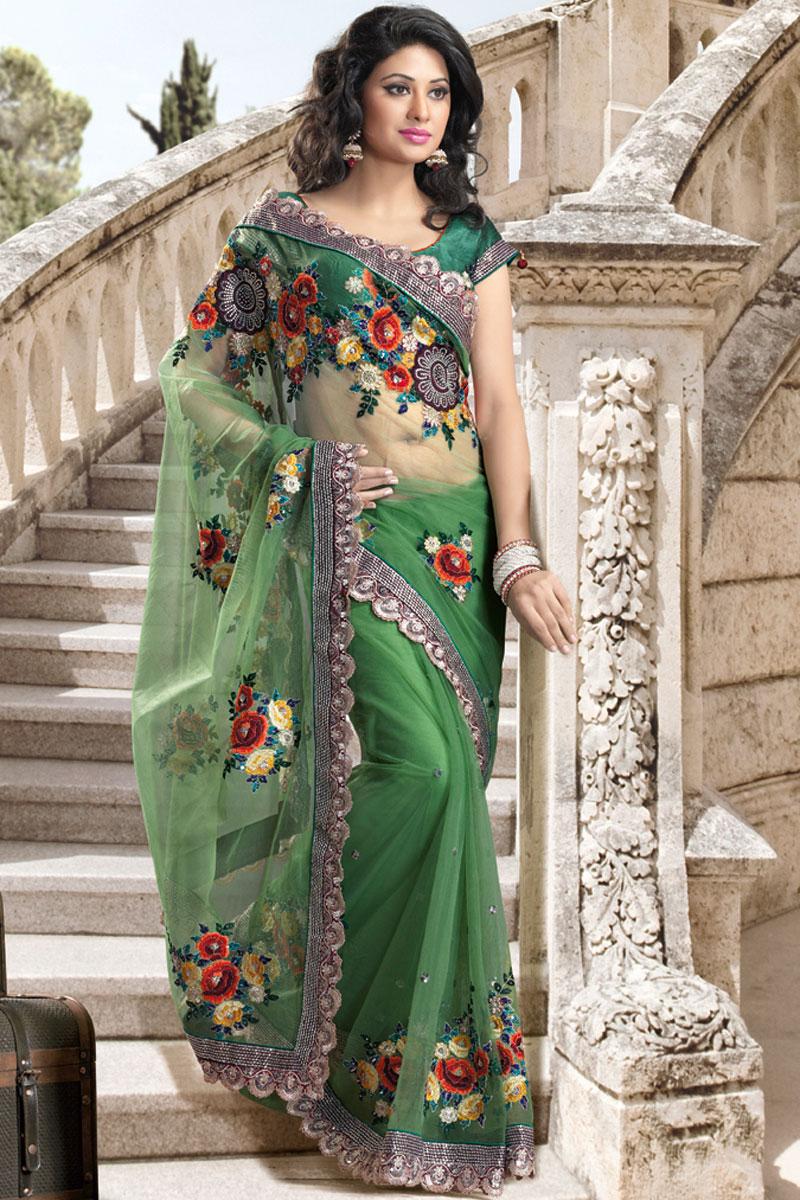 Green Wedding and Festival Net Embroidered Saree   109.00