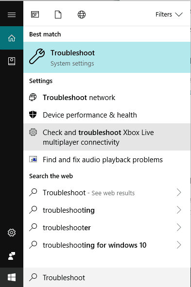 เปิด Troubleshoot โดยค้นหาโดยใช้แถบค้นหา