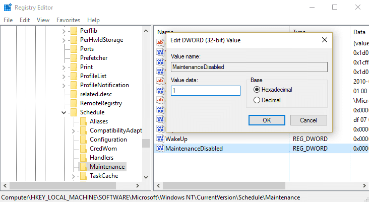 MaintenanceDisabled 값을 1로 설정