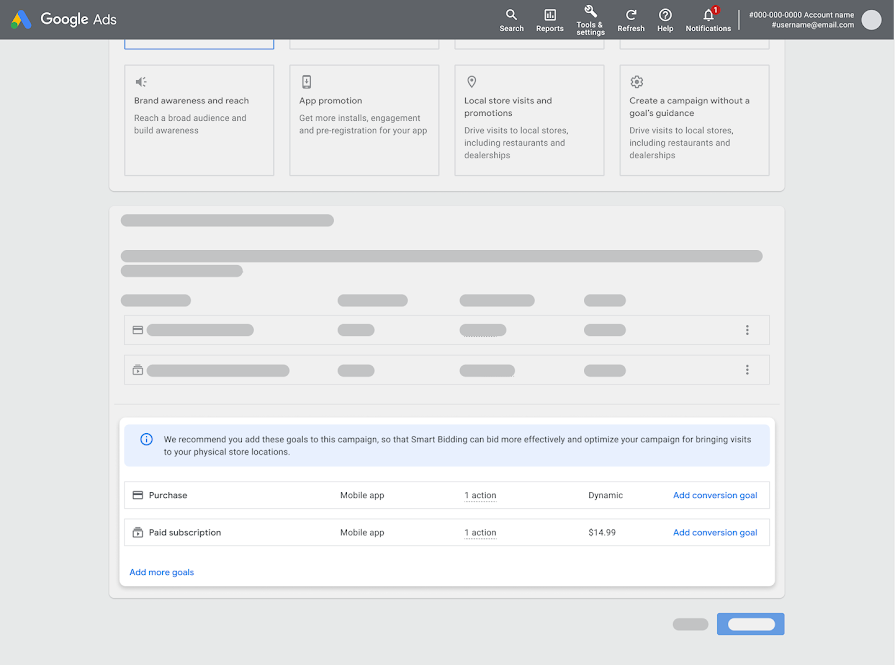 Google Ads campaign construction flow with in-product nudge UI.