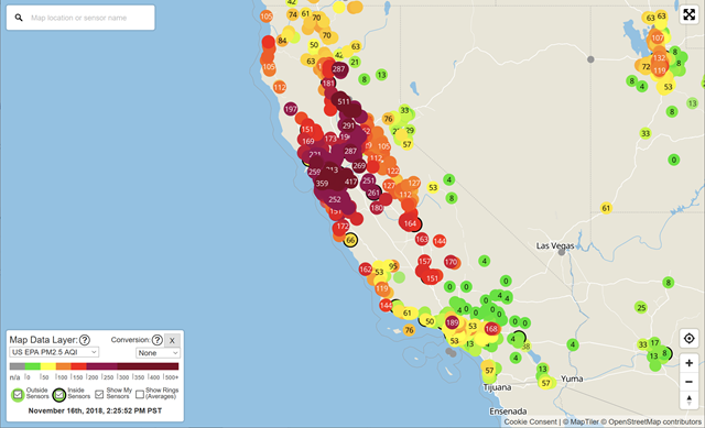 Map showing pollution from wildfires in California, 16 November 2018, 14:27:09 PST. Data: U.S. EPA PM2.5 AQI. Graphic: PurpleAir