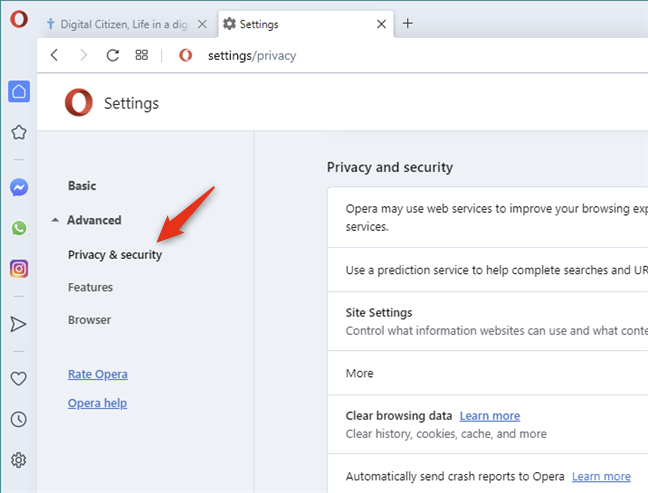 Privacidad de Opera &  configuraciones de seguridad