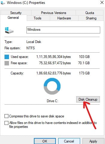 Nhấp vào nút Disk Cleanup