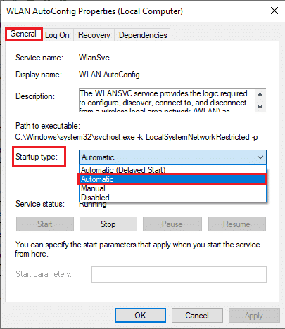 Maintenant, définissez le type de démarrage sur Automatique.  Correction du service de configuration automatique sans fil wlansvc n'est pas en cours d'exécution dans Windows 10