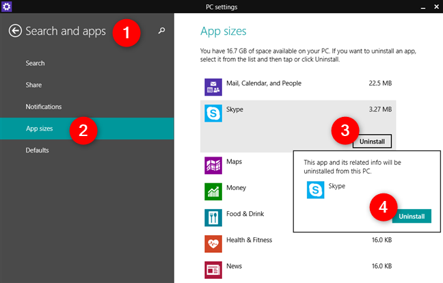 Disinstallazione di un'app da Windows 8.1, utilizzando le Impostazioni del PC