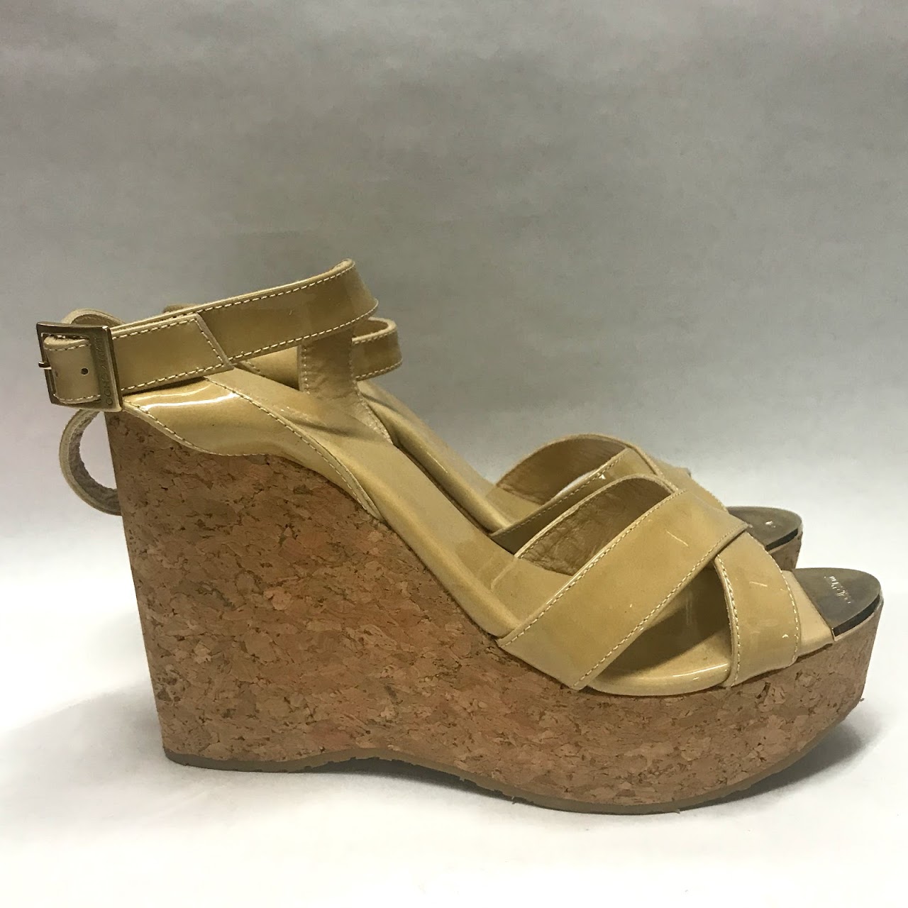 Jimmy Choo Patent Leather Beige Cork Wedges