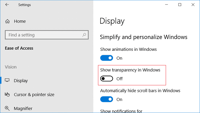 Schakel de schakelaar voor Toon transparantie in Windows uit |  Transparantie-effecten in- of uitschakelen in Windows 10