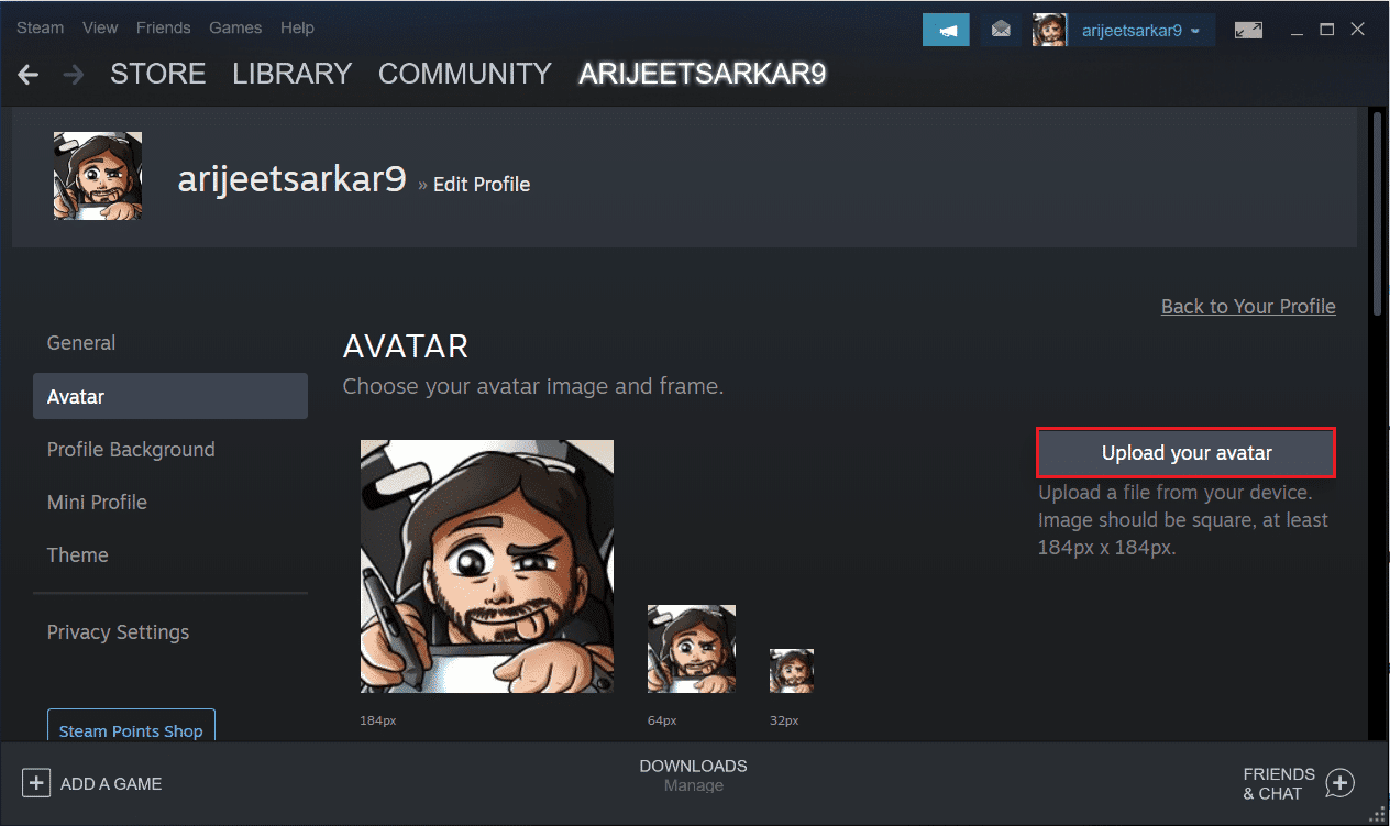 Steam 앱에서 아바타 업로드 버튼을 클릭하십시오.