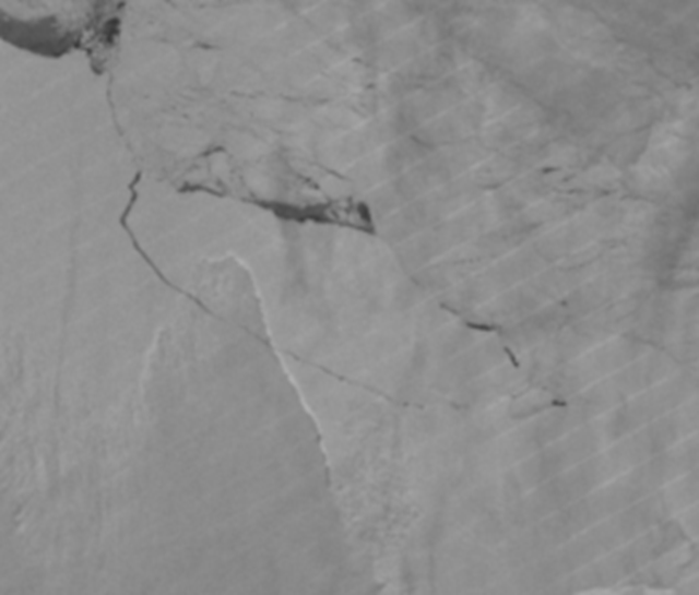 NASA Suomi VIIRS panchromatic image from 12 July 2017, confirming the calving of the Larsen C Ice Shelf. Graphic: NASA / Suomi