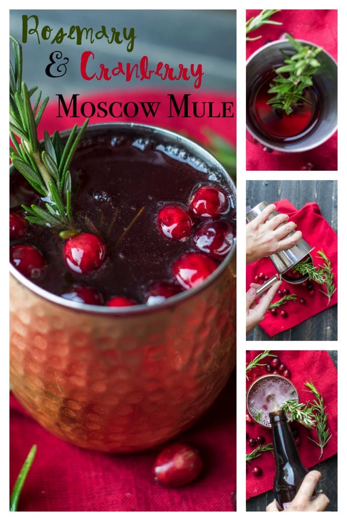 Shake up a rosemary and cranberry Moscow Mule for your next holiday party. You'll love this easy drink recipe. Easy to serve cocktail or mocktail with a festive flair!