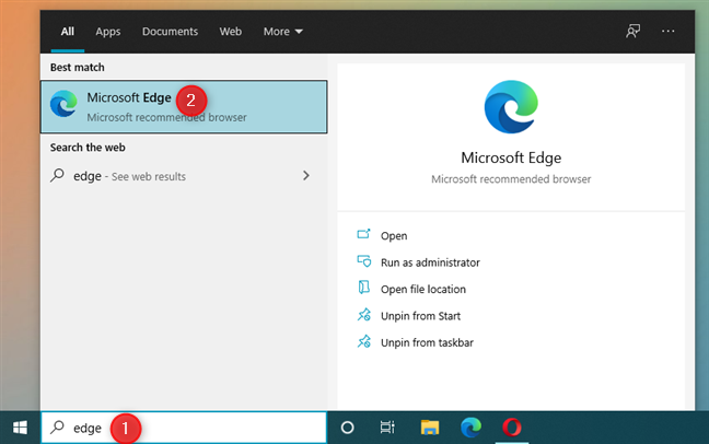 การเปิด Microsoft Edge โดยใช้การค้นหา