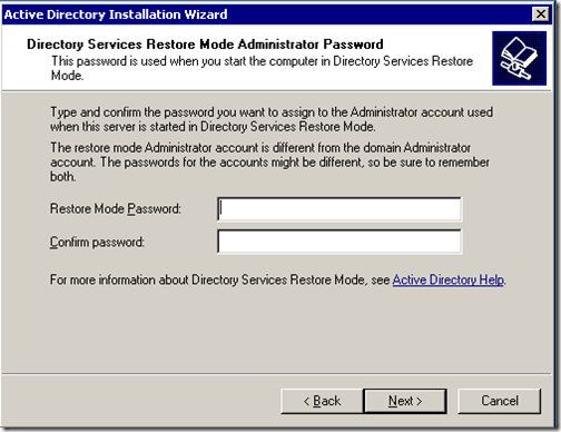 Password dell'amministratore della modalità di ripristino dei servizi di directory