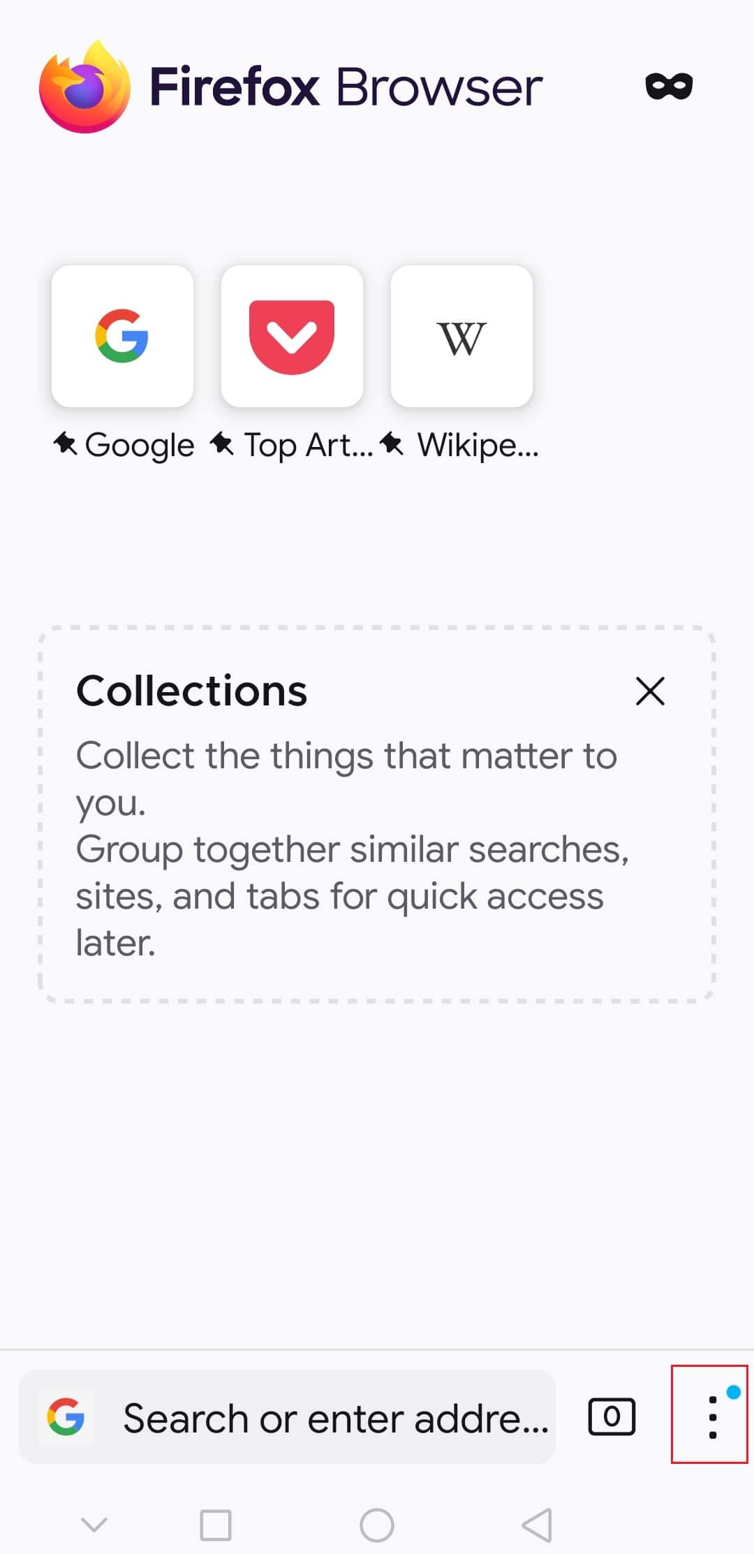 toque el icono de tres puntos en la aplicación Firefox para Android