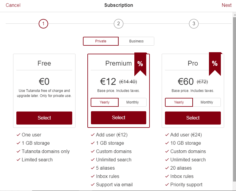 Odwiedź mail.tutanota.com, wybierz darmowe konto, kliknij Wybierz, a następnie kliknij Dalej.