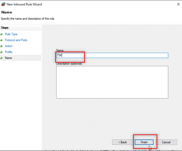 Zadejte TW jako název pravidla do poskytnuté lišty a klikněte na tlačítko Dokončit