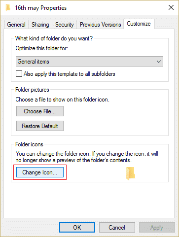 Haga clic en Cambiar icono en los iconos de carpeta en la pestaña Personalizar