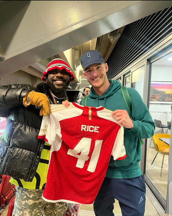 Nigerian Rapper Odumodu Black Bonds with Arsenal's Declan Rice Post-Match Triumph against Rc Lens