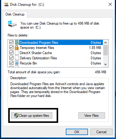 Haga clic en las opciones Limpiar archivos del sistema que escanearán |  Limpiar carpeta WinSxS en Windows 10