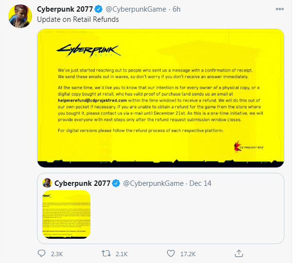 CD Projekt Red hứa hẹn Cyberpunk 2077 sẽ hoàn lại tiền nếu cần thiết. 