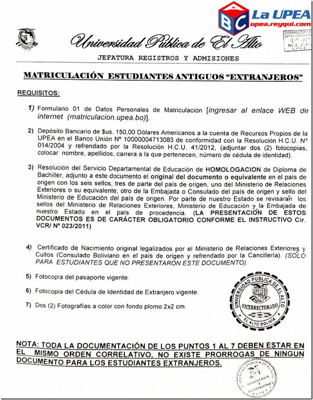 Matriculación UPEA 2017: Requisitos para Estudiantes Antiguos “Extranjeros”