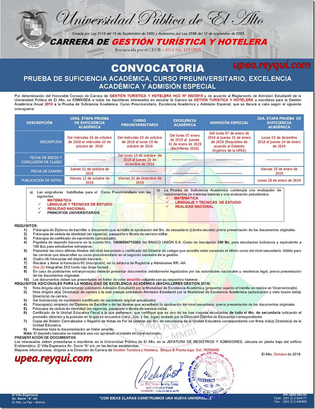 Gestión Turística y Hotelera UPEA 2019: Convocatoria a la Prueba de Suficiencia Académica y Curso Preuniversitario