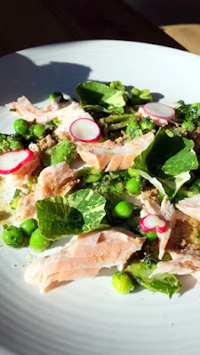 From the Antipasti section of the Renata menu, Smoked King Salmon with spring vegetables, rye crumble and salsa verde