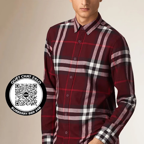 Áo sơ mi nam Burberry màu đỏ mận tay dài hàng hiệu kẻ sọc caro trắng đỏ