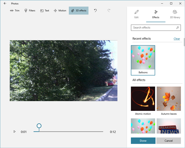 Efectos 3D disponibles en Video Editor