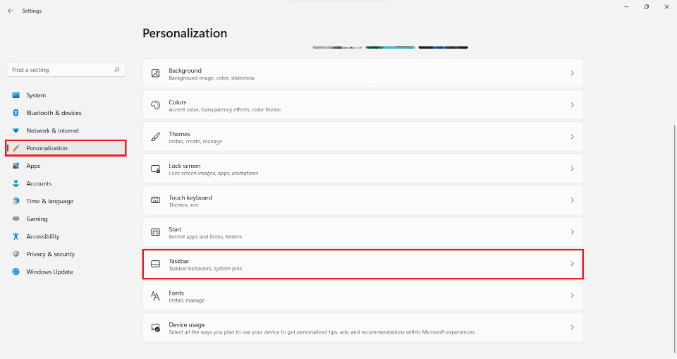 Section de personnalisation dans le menu Paramètres