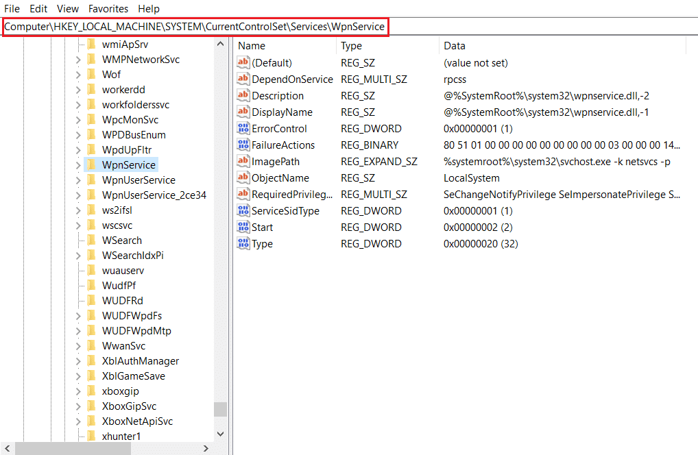 ไปที่ WpnService ใน Registry Editor