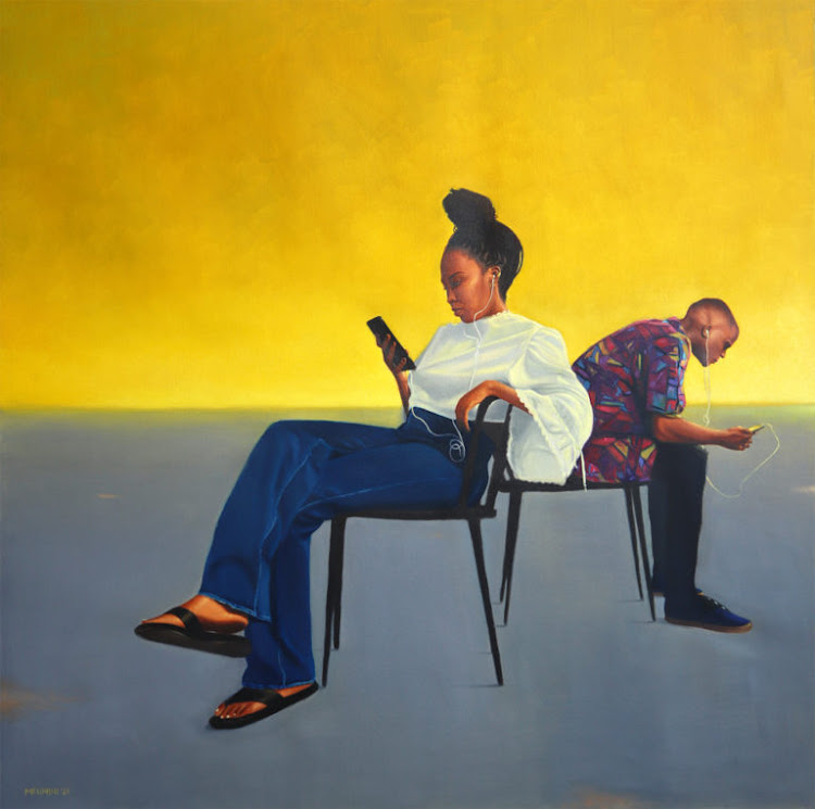 Mfundo Mthiyane: Social Distancing. Oil on canvas, 98x98cm, 2021.