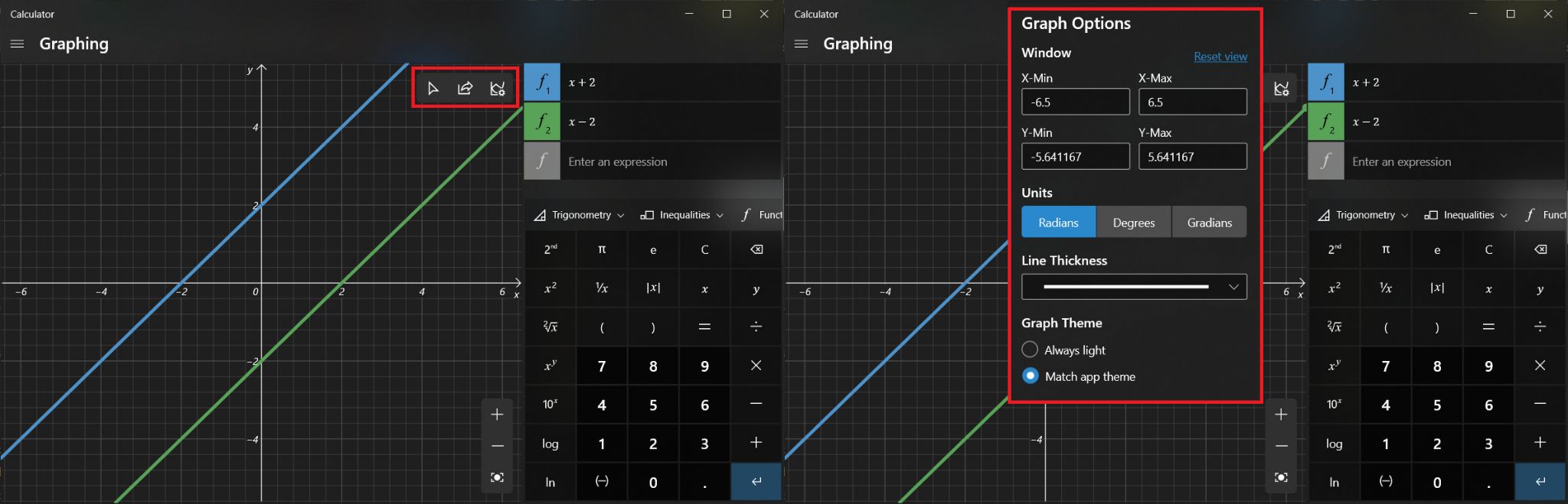 Una vez que se asignan las ecuaciones, se activan tres nuevas opciones en la parte superior derecha de la ventana del gráfico.  La primera opción te permite trazar las líneas trazadas usando el mouse o el teclado, la siguiente es compartir el gráfico por correo y la última te permite personalizar el gráfico.  Puede cambiar los valores mínimo y máximo de X e Y, cambiar entre diferentes unidades como grados, radianes y gradianes, ajustar el grosor de la línea y el tema del gráfico.  Cómo habilitar el modo gráfico de calculadora en Windows 10