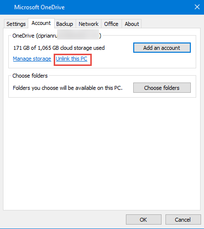 Hủy liên kết PC này khỏi OneDrive