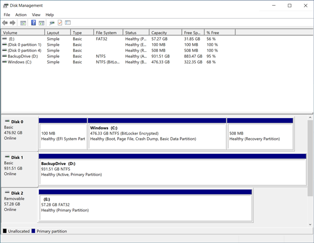 Trouvez le lecteur flash USB dans la gestion des disques