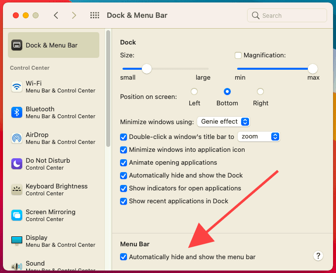 Verberg en toon automatisch het menubalk-aanvinkvakje in Dock & Menu Bar-opties