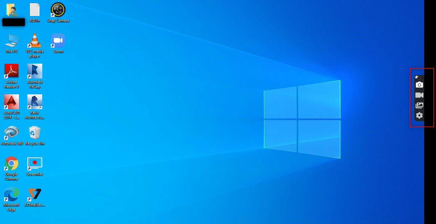 La barra de la aplicación ScreenRec está fijada al lado derecho de la pantalla.  Cómo grabar una reunión de Zoom sin permiso en Windows 10