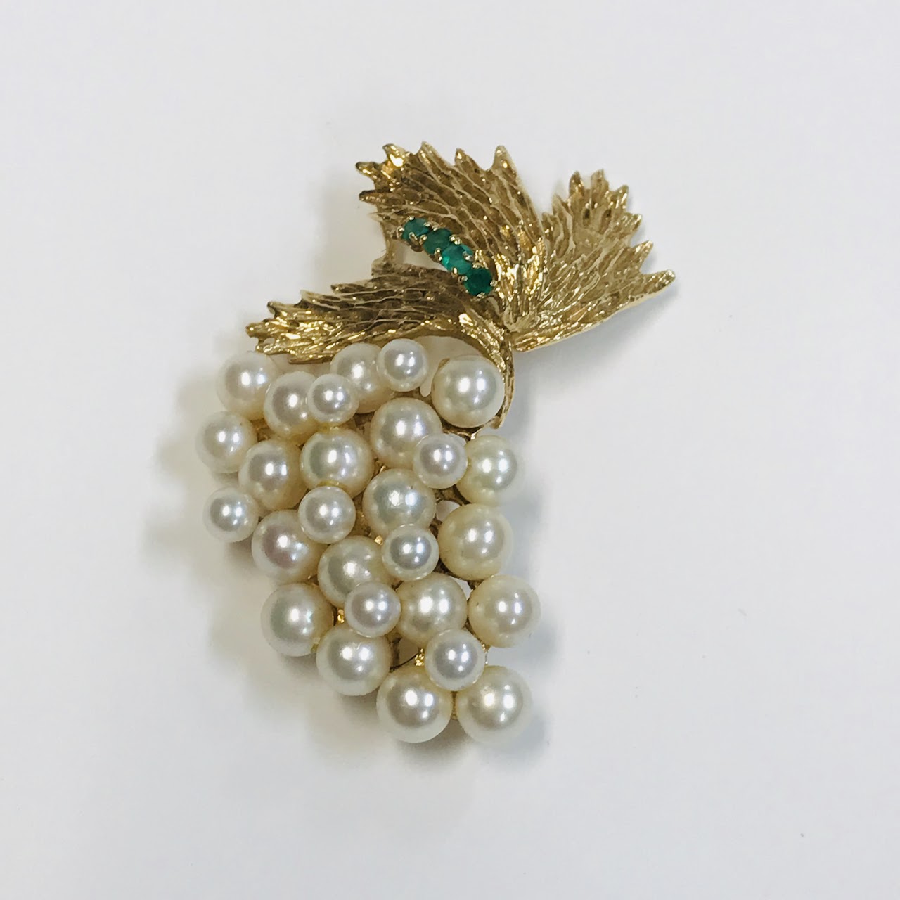 14K Gold, Green Stone, and Pearl Brooch