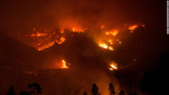 Forest fires consume parts of the community of Vichuquen in Chile's Maule Region, 27 January 2017. Photo: Martin Bernetti / AFP / Getty Images