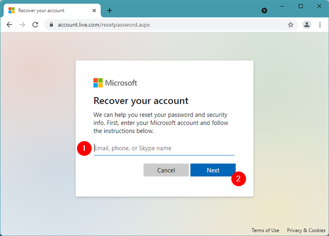 アカウントの回復ページでMicrosoftアカウントを入力します