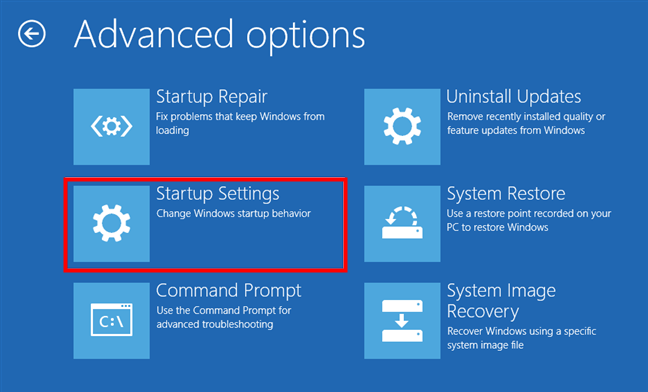 Ingrese la configuración de inicio en el entorno de recuperación de Windows 10