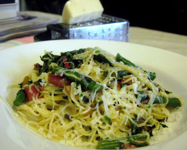 Angel Hair with Rainbow Chard, Green Beans, Mushrooms, and Sicilian Pecorino (Capelli d’Angelo Con chard, fagiolini, funghi e pecorino Siciliano)