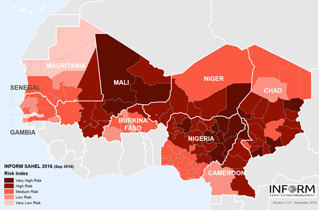 INFORM risk index for African nations in the Sahel region, September 2016. INFORM is a composite index for risk management that identifies countries at a high risk of humanitarian crisis which are more likely to require international assistance. The index envisages three dimensions of risk: hazards & exposure, vulnerability and lack of coping capacity dimensions. Graphic: UN