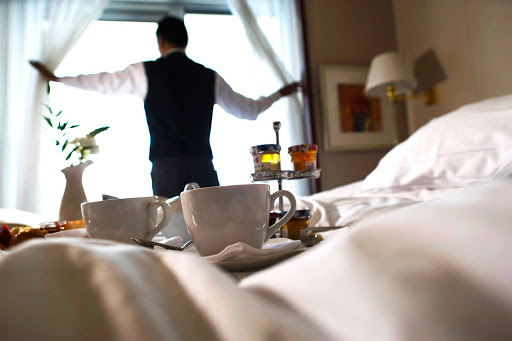 Room service at breakfast time in the Veranda Suite on Silver Spirit. 