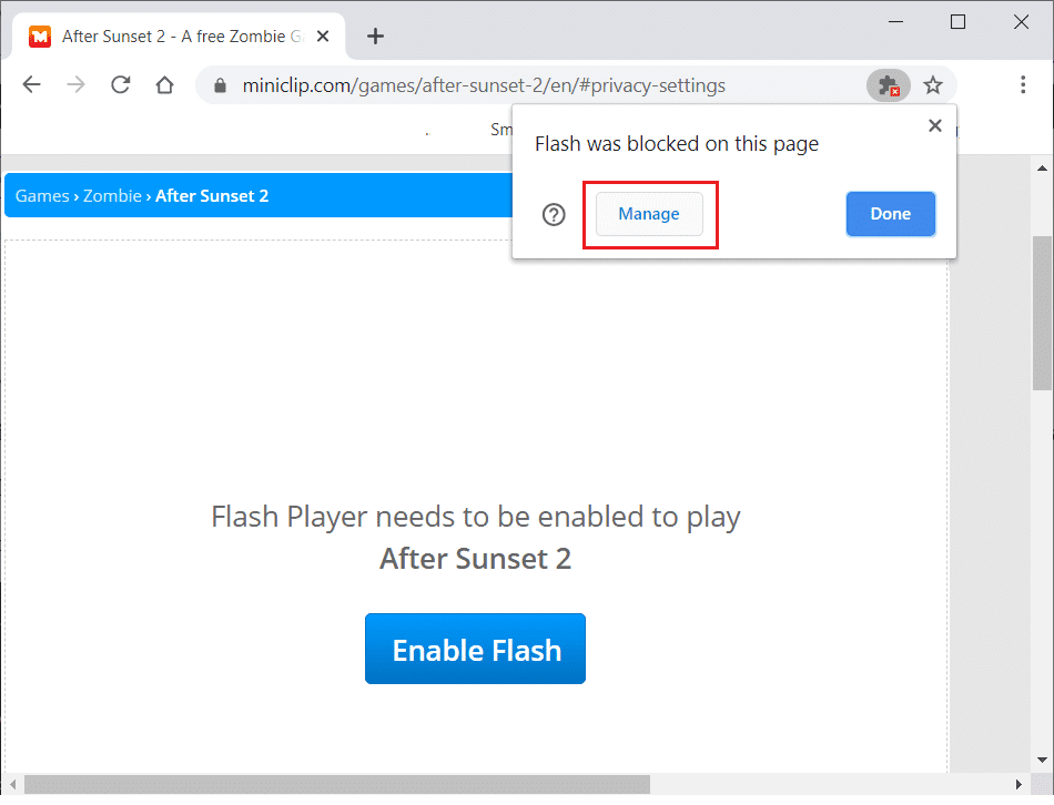 คลิกที่ Manage ด้านล่างข้อความ 'Flash was blocked on this page'